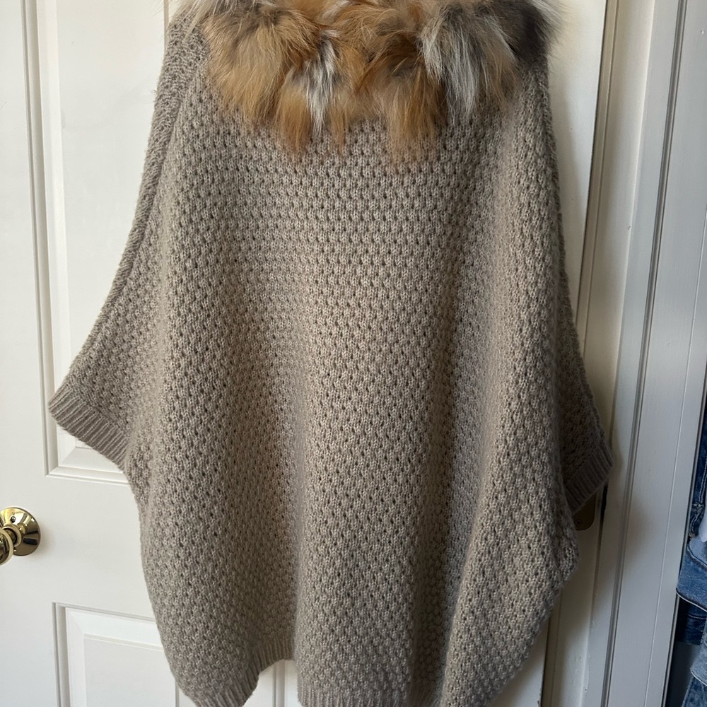 Elegant Tan Sweater with Real Fur Collar